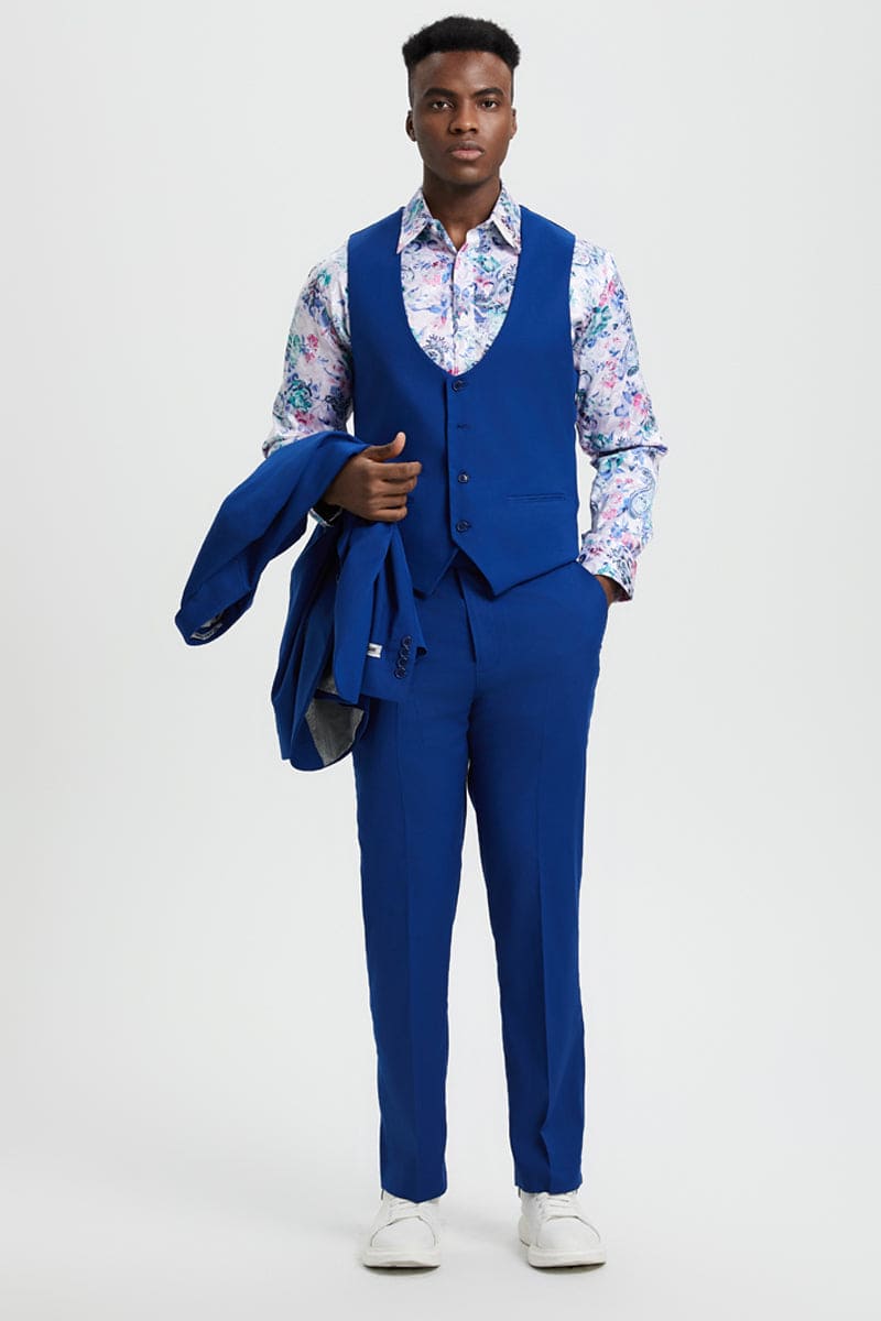 "Mens Stacy Adams Suit -Stacy Adams Suit Men's Indigo Blue Vested One Button Peak Lapel Suit"