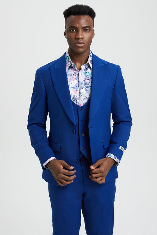 "Mens Stacy Adams Suit -Stacy Adams Suit Men's Indigo Blue Vested One Button Peak Lapel Suit"