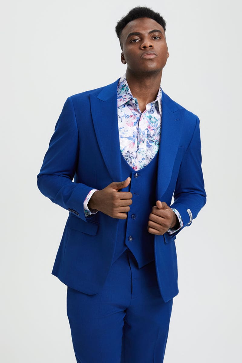 "Mens Stacy Adams Suit -Stacy Adams Suit Men's Indigo Blue Vested One Button Peak Lapel Suit"