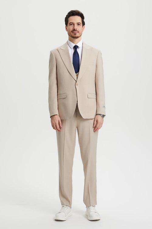 Men's Vested One Button Peak Lapel Stacy Adams Designer Suit in Tan