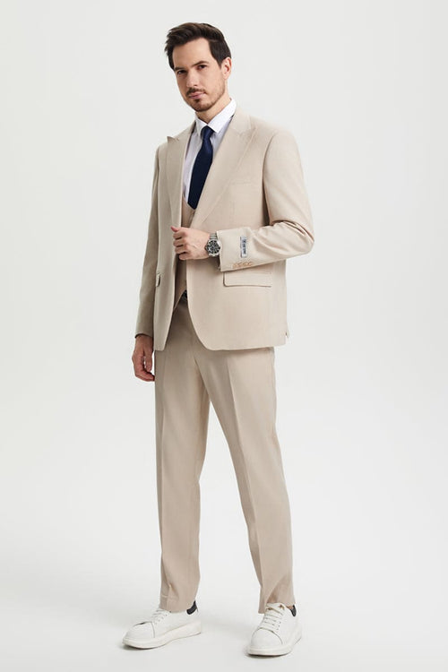 Mens Stacy Adams Suit - Stacy Adams Suit Men's Designer Suit - Vested Two Button Notch Lapel in Tan