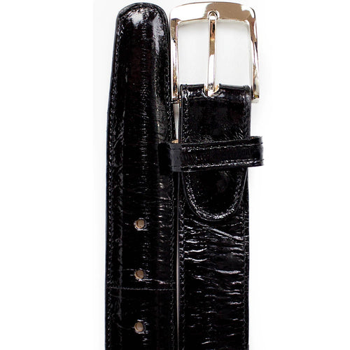Genuine black eel skin men's dress belt. Shiny, textured surface with smooth finish. Silver buckle, leather keeper, and adjustable holes for a perfect fit.