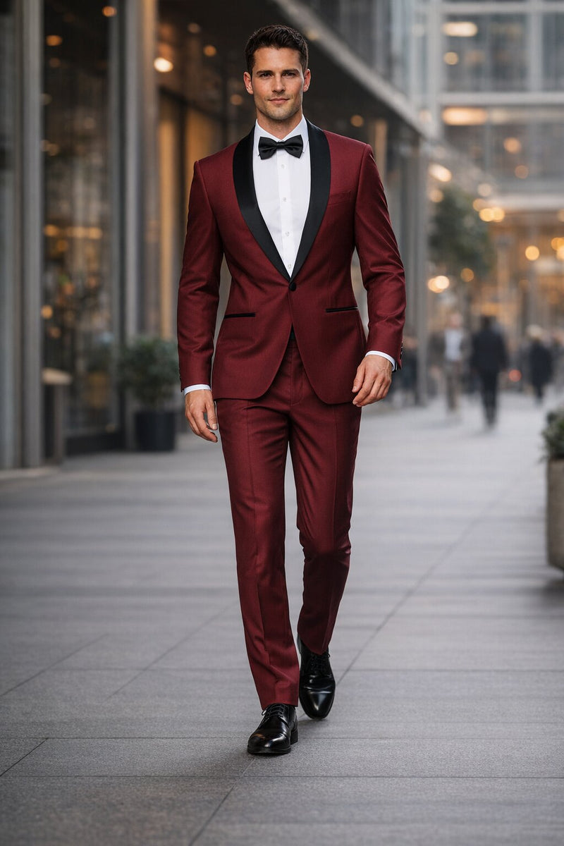 Mens Slim Fit 1 Button Shawl Tuxedo in Burgundy