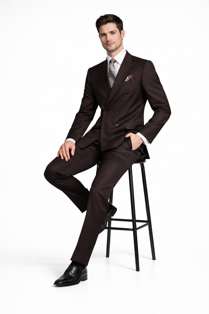 Men's Designer Double Breasted Wool Suit in Brown