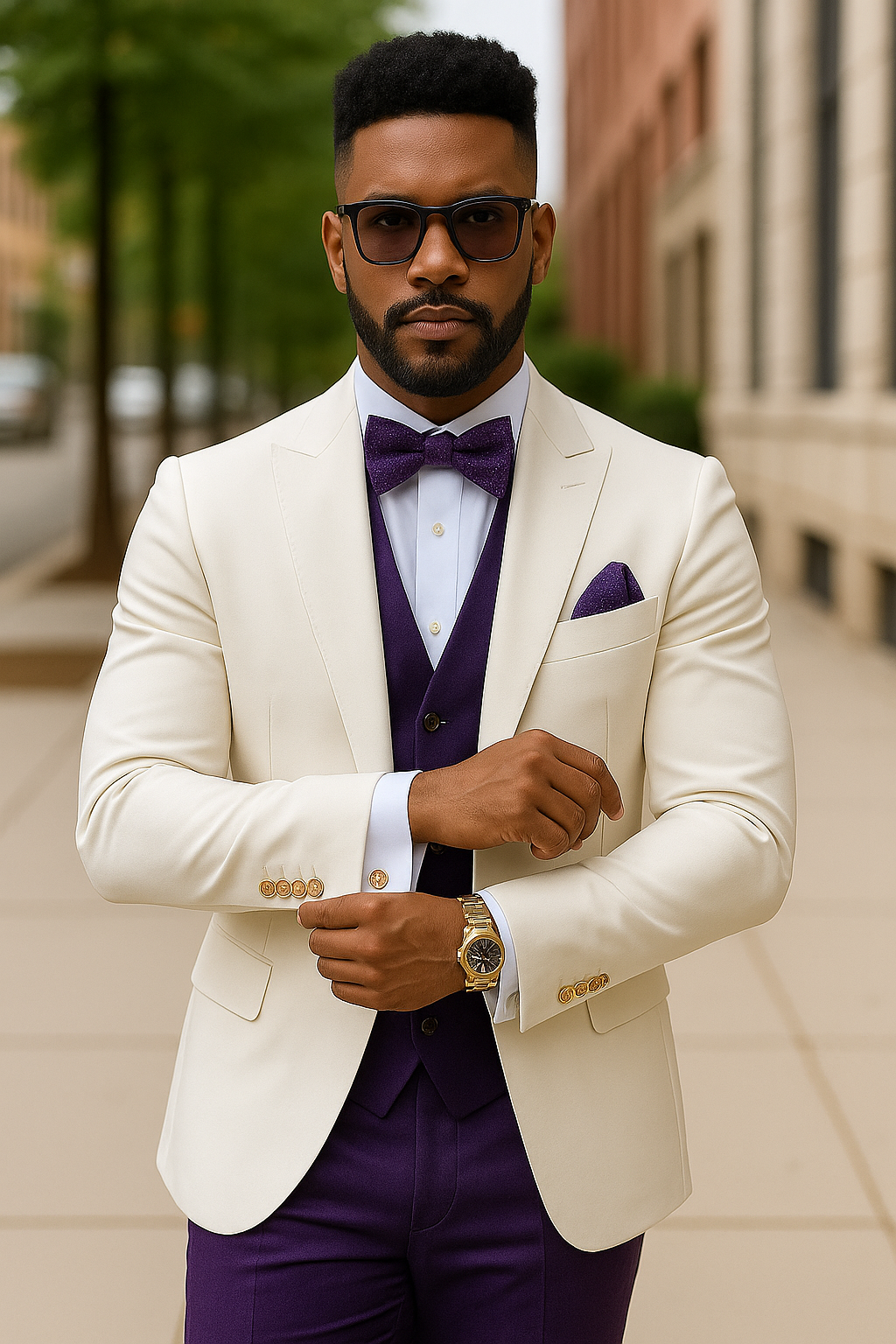 White and Purple Tuxedo Wedding Suit - White Dinner Jacket + Vest + Pants + Bow-tie