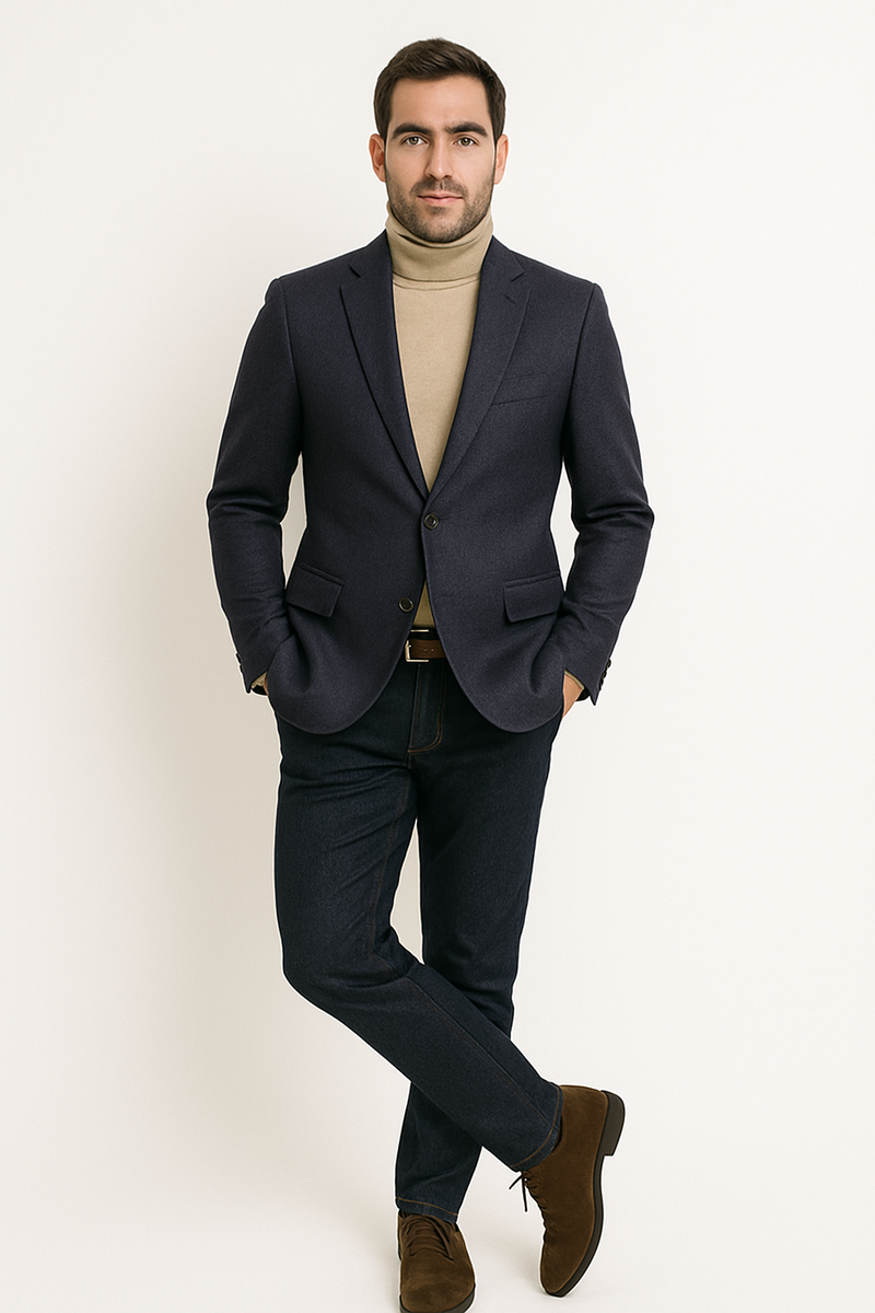 Men's navy cashmere jacket with notch lapel and structured silhouette. Features two front pockets. Soft navy fabric. Two-button closure.