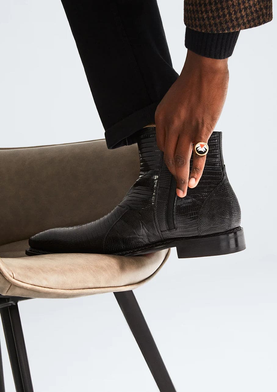 Peninsula Black Genuine Lizard Emblem Boot by Mezlan – Exotic Luxury Men's Boot Made in Spain