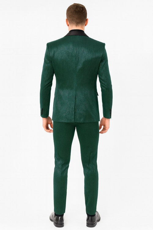 Emerald green, shiny, striped men's tuxedo suit. Slim-fit jacket with satin lapel & ultra-slim pants. Crafted from glossy fabric for a refined look.
