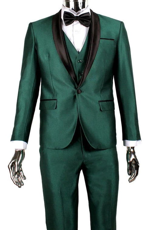 Mens 1 Button Shawl Lapel Vested Wedding | Prom Tuxedo in Emerald Green Sharkskin