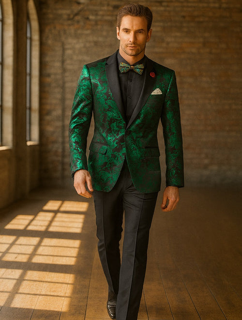 Emerald Green Paisley Tuxedo Suit - Prom Floral Tuxedo Suit - Groom Wedding Suit