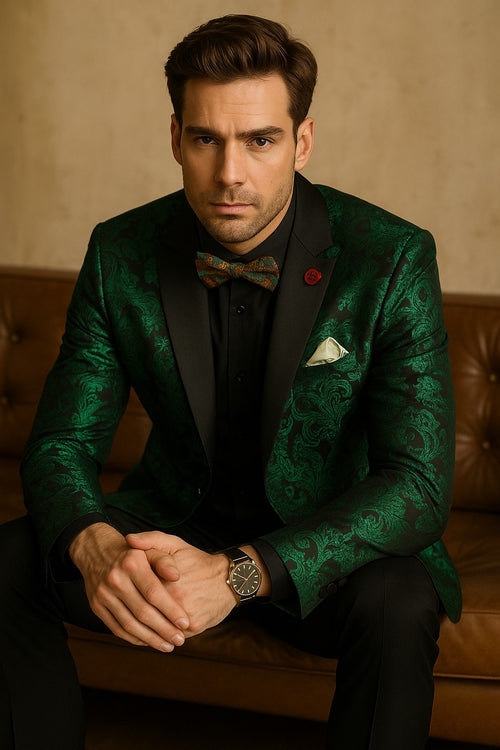 Emerald Green Paisley Tuxedo Suit - Prom Floral Tuxedo Suit - Groom Wedding Suit