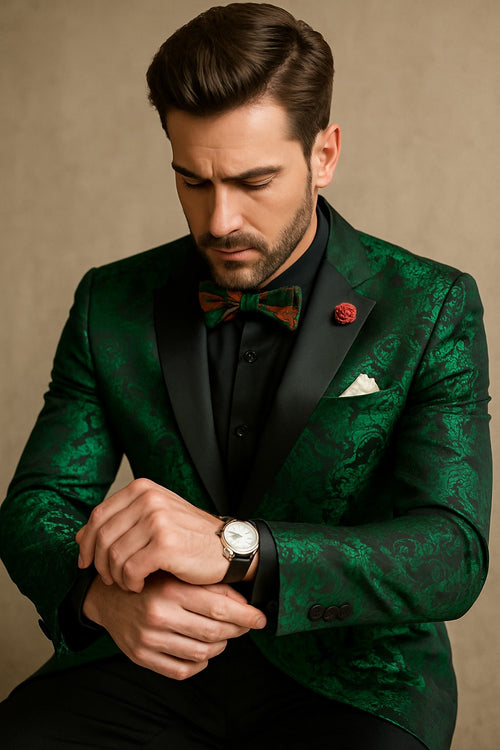 Emerald Green Paisley Tuxedo Suit - Prom Floral Tuxedo Suit - Groom Wedding Suit