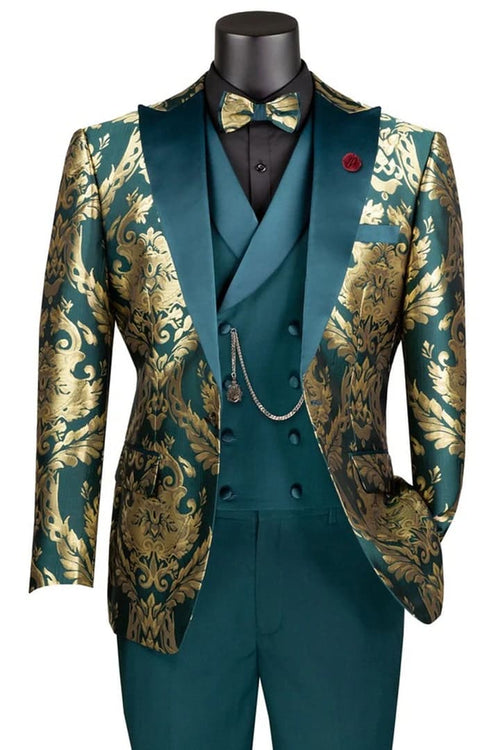 Dark Green Tuxedo - Men's Shiny Paisley Jacquard Vested Wedding Emerald green Prom Tuxedo