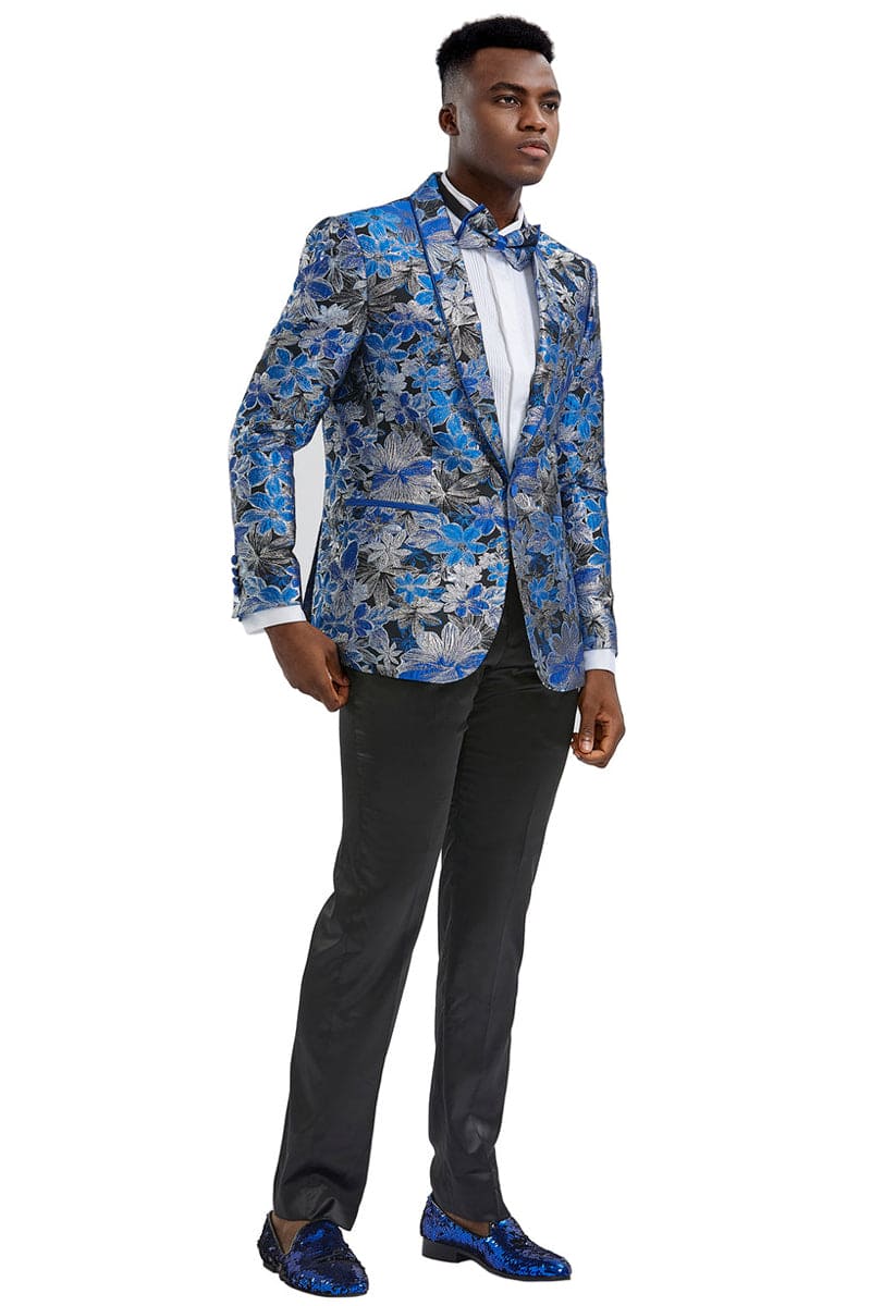 Royal Blue & Black Men's Slim Fit Paisley Prom 2025 Tuxedo Jacket