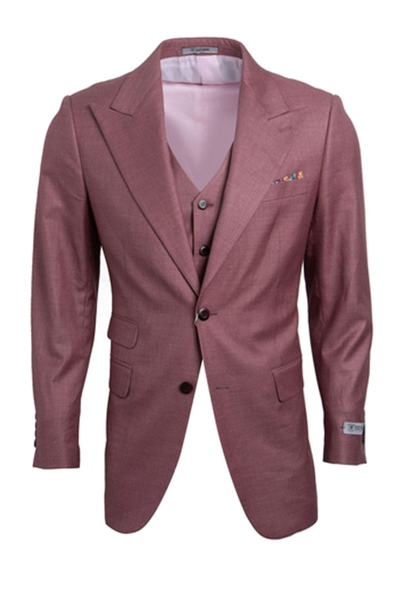 "Mens Stacy Adams Suit -Stacy Adams Suit Men's Sharkskin Suit - One Button Peak Lapel Vested in Salmon Pink"