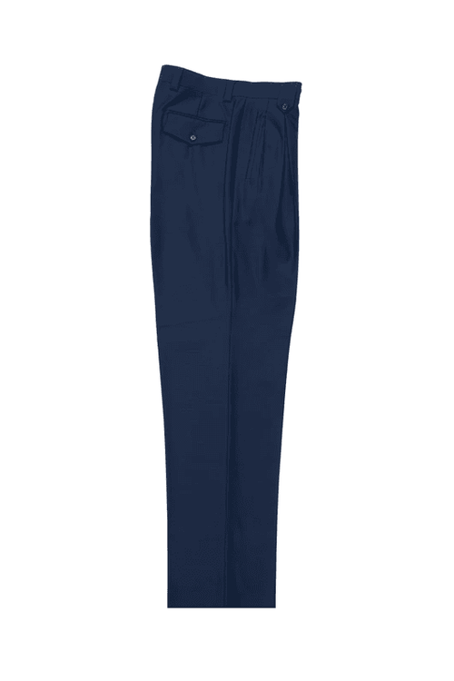 Tiglio Luxe French Blue wool wide-leg pants. Solid rich blue. Straight fit with waistband, side pockets, and front pleats. Single back pocket with button.
