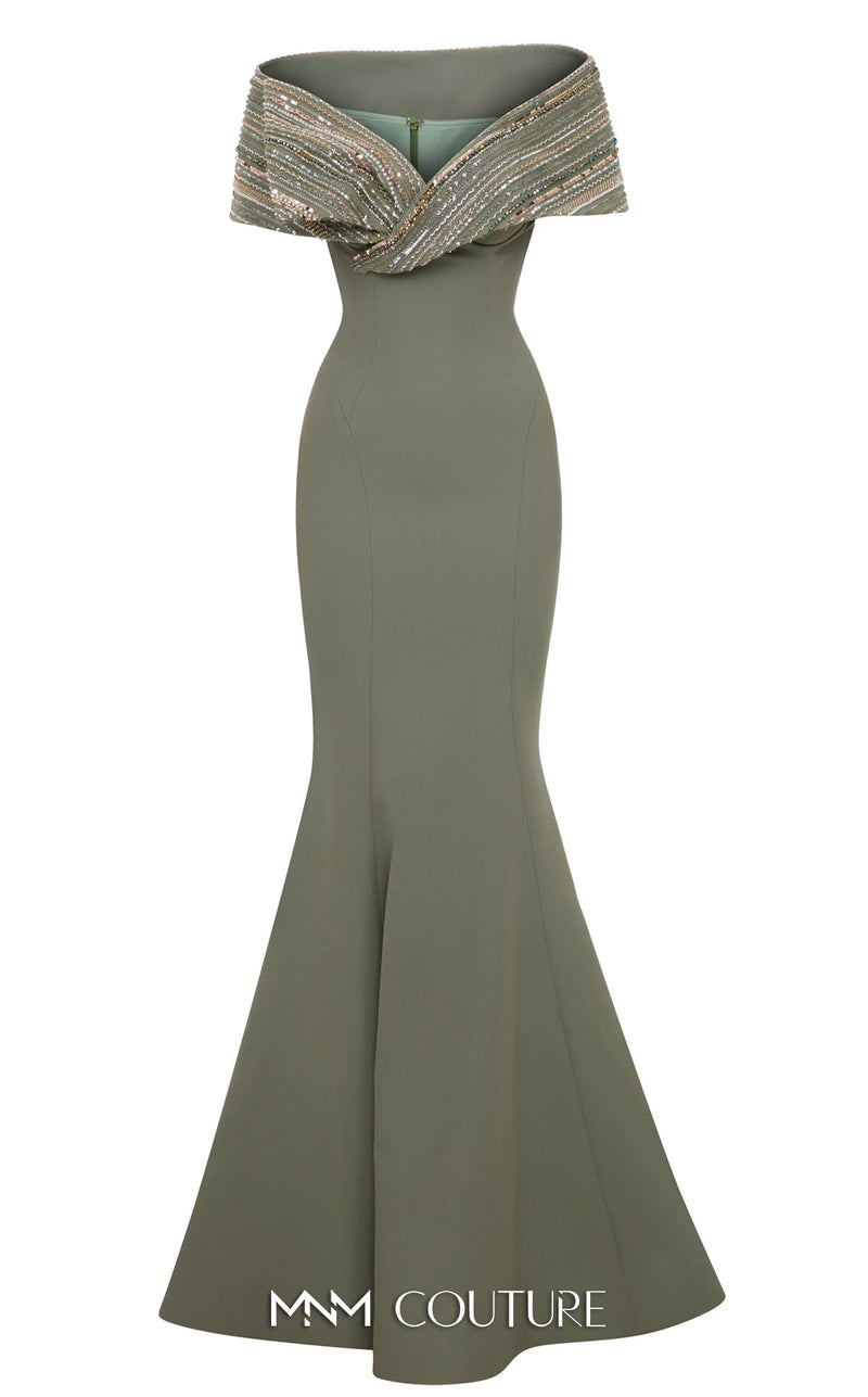 Sequin Embellished Off-Shoulder Gown in Mint by MNM Couture