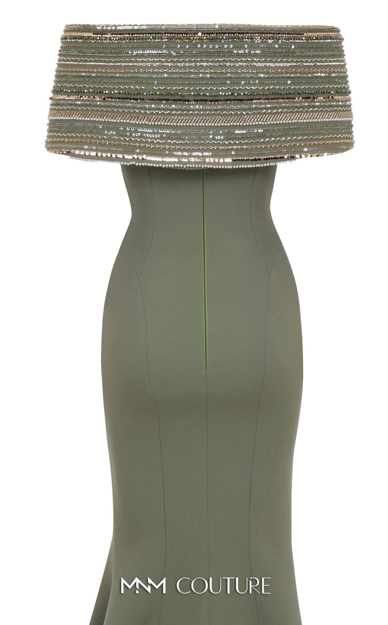 Sequin Embellished Off-Shoulder Gown in Mint by MNM Couture