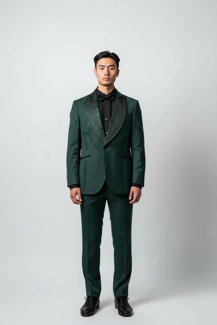 Men’s Chic Hunter Green Embellished Tuxedo – Luxury 3 Piece Formal Suit for Weddings, Prom & Special Events