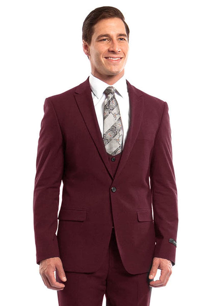 "Burgundy Men's Wedding & Prom 2025 Suit - One Button, Peak Lapel, Skinny Fit with Lowcut Vest"