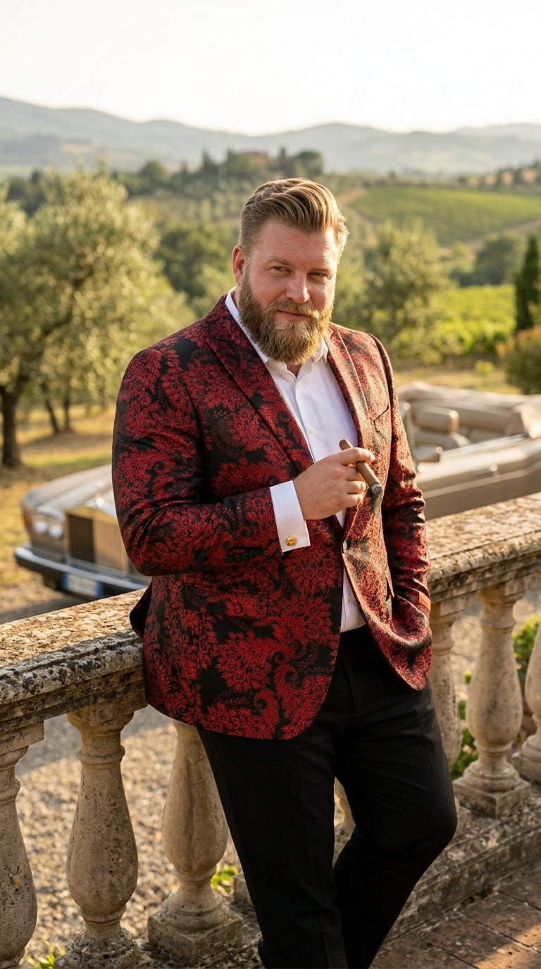 Men’s Red and Black Retro Paris Floral Suit, Designer Formal Wedding Prom Party Blazer Set