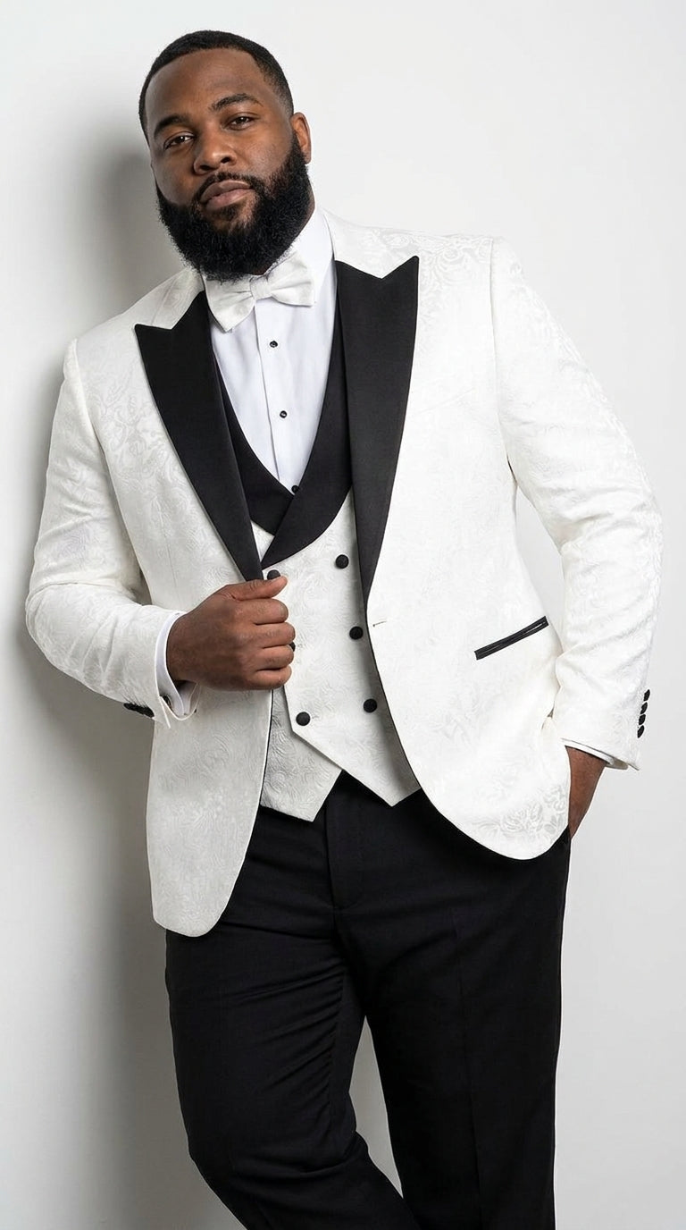 Men’s White and Black Vested Tuxedo Suit, Formal Wedding Groom Prom Dinner Suit