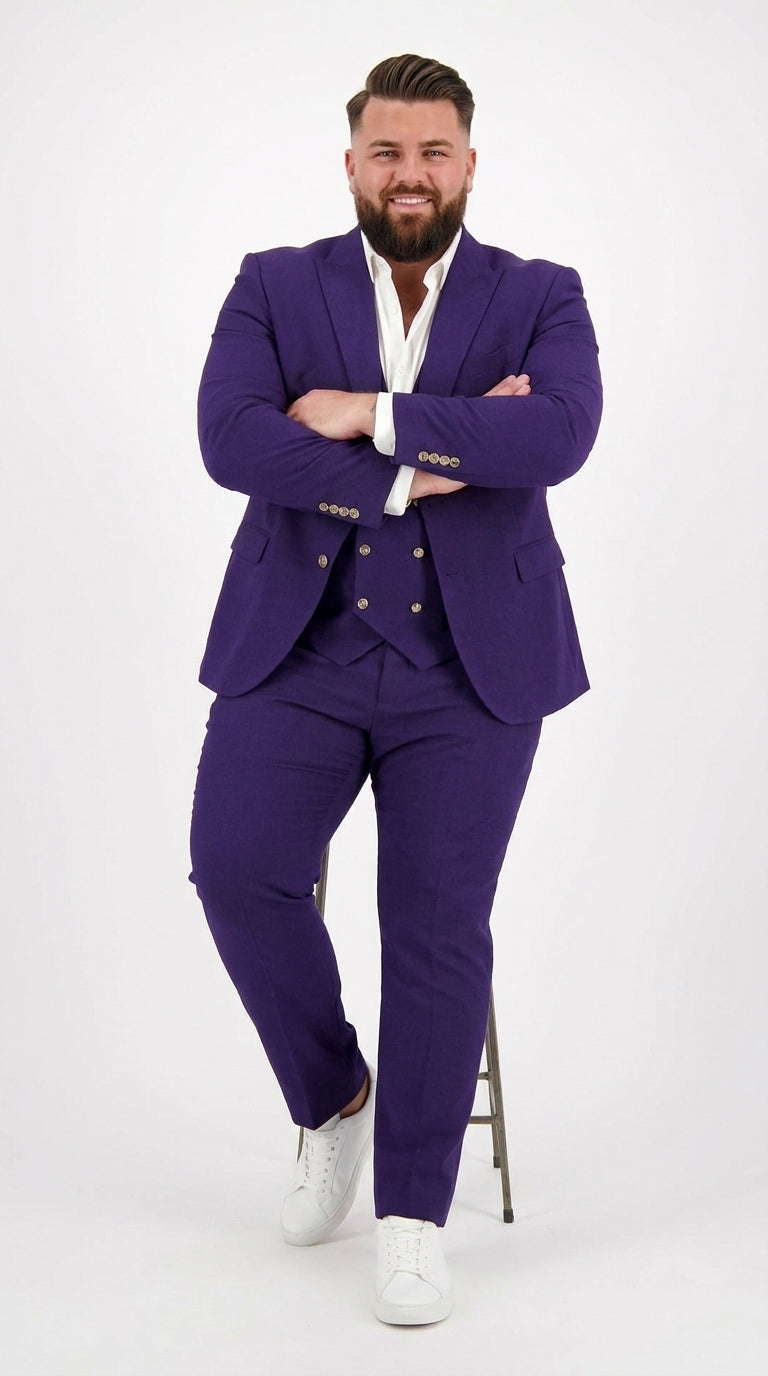 Men’s Purple and Gold 3 Piece Suit, Modern Fit Peak Lapel Wedding Prom Dress Suit