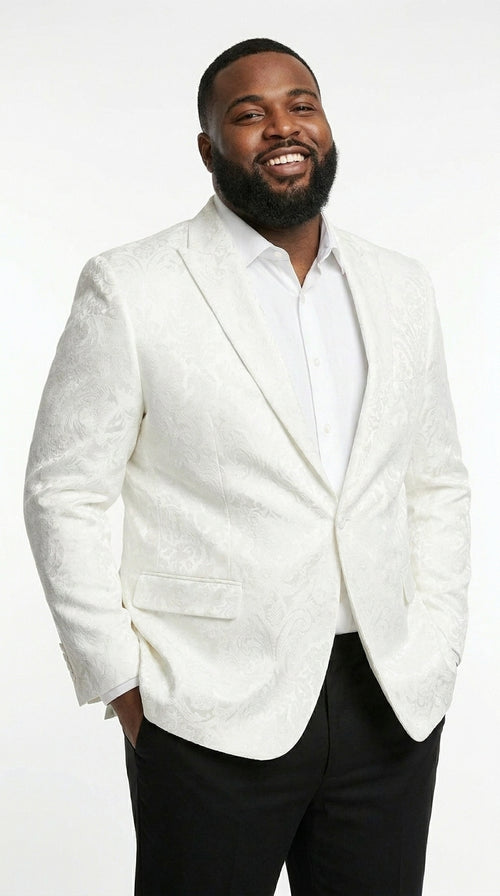Men’s White Floral Satin Dinner Jacket – Shiny Paisley Tuxedo Blazer for Wedding, Prom, Stage & Party Wear