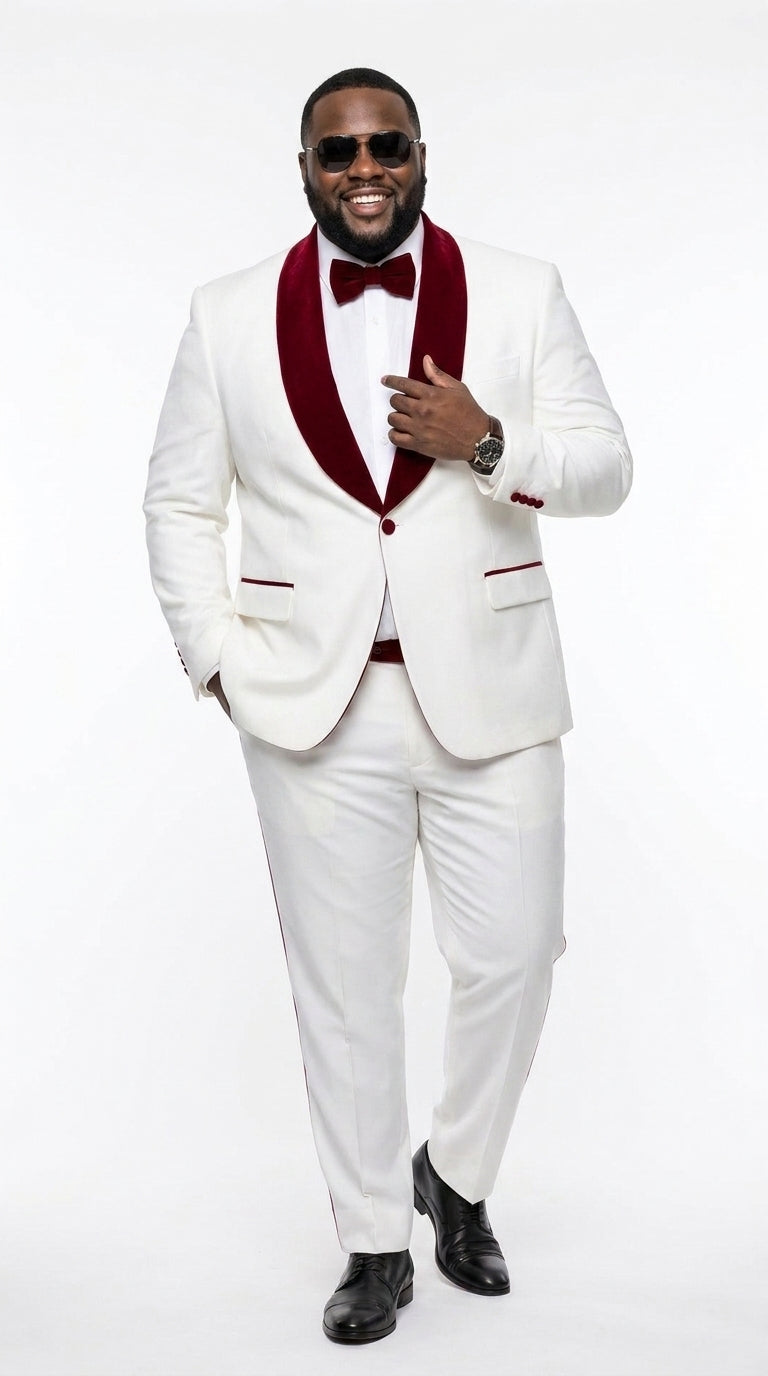 Men’s White and Burgundy Wedding Tuxedo, Formal Groom Prom Shawl Lapel Tuxedo Suit
