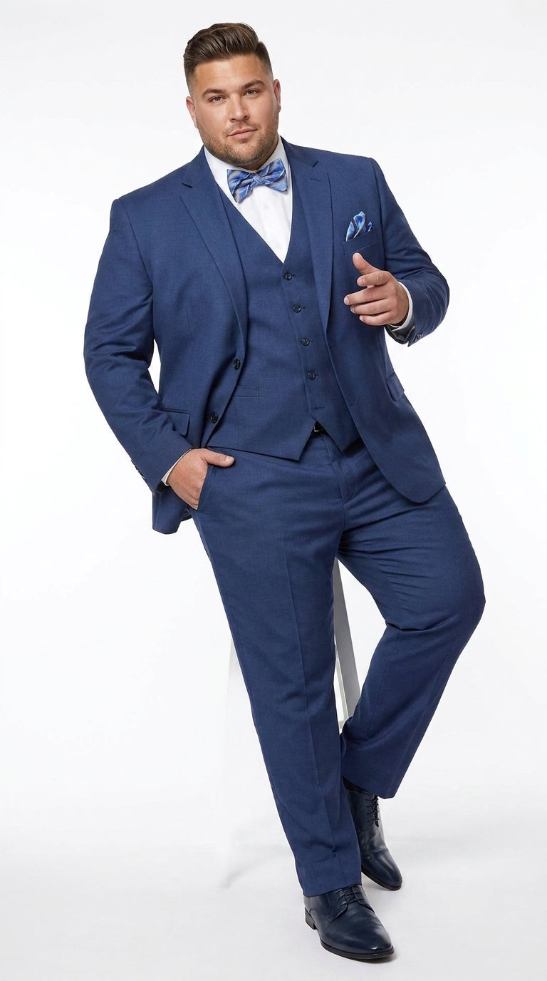 Men’s Big and Tall Indigo Blue 3 Piece Suit, Extra Long Modern Fit Wedding Business Formal Suit