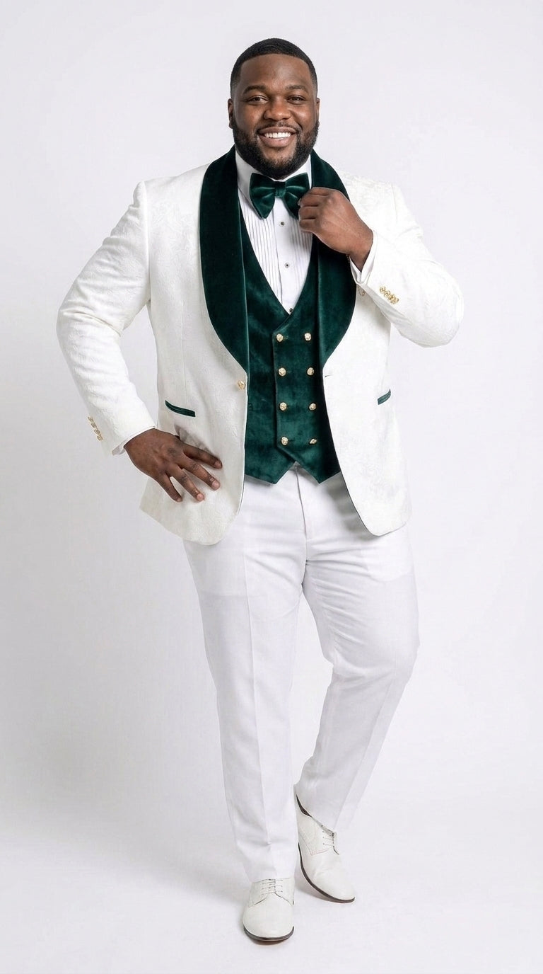 Men’s White and Dark Green 3-Piece Tuxedo – Groom Wedding and Prom Suit with Velvet Shawl Lapel