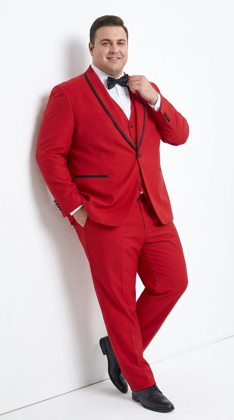 Men’s Trim Lapel Prom Tuxedo– 3 Piece Wedding Suit in Purple, Black, Red, Ivory, or Navy