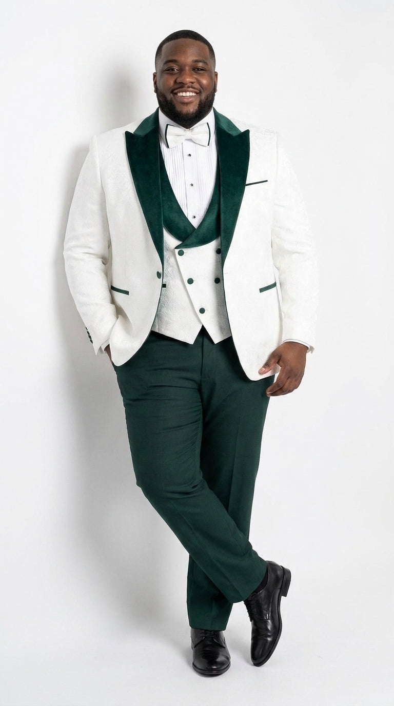 Men’s White and Hunter Green 3-Piece Wedding Tuxedo – White Dinner Jacket with Hunter Green Shawl Lapel