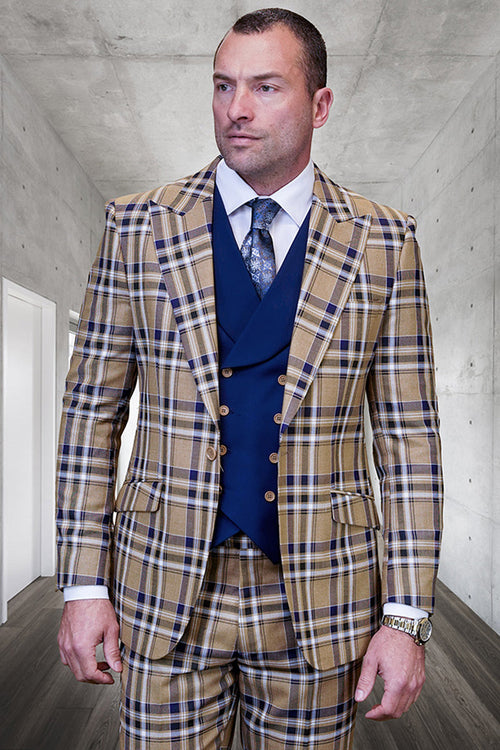 Men's designer wool suit with camel windowpane plaid. Peak lapel, vested, with brown/navy accents. Structured silhouette, fitted vest, matching trousers.