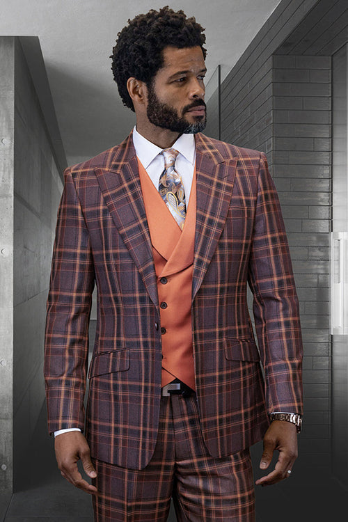Men's copper cognac windowpane plaid wool suit. Features peak lapels, side pockets, and a structured fit. Includes a double-breasted vest. Fine wool blend for a textured look.
