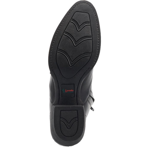 Laredo Fletcher black leather boots. Round toe, smooth black leather upper. Textured rubber outsole with traction grooves. Durable and stylish.