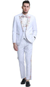 Mens One Button Vested Prom and Wedding Tuxedo in White with Floral Peak Lapel