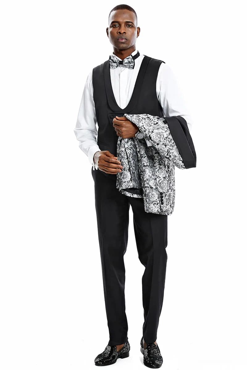 Mens One Button Skinny Fit Paisley Floral Vested Prom Tuxedo in Silver and Black