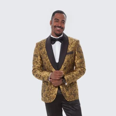 Gold Suit For Prom - Gold Blazer + Matching Pants + Gold Tuxedo with Floral Design Four Piece Set - Wedding - Prom | Alberto Nardoni Gold Suit For Prom - Gold Blazer + Matching Pants + Gold Tuxedo with Floral Design Four Piece Set - Wedding - Prom | Alberto Nardoni
