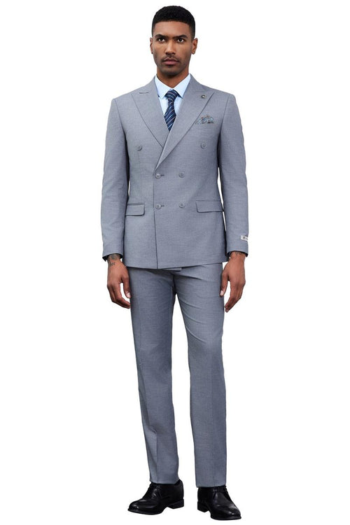 Men's Stacy Adams double-breasted suit in light grey. Tailored shape, two-row button jacket, matching trousers. Smooth material with subtle texture. Pocket square detail.