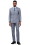 Men's Stacy Adams double-breasted suit in light grey. Tailored shape, two-row button jacket, matching trousers. Smooth material with subtle texture. Pocket square detail.