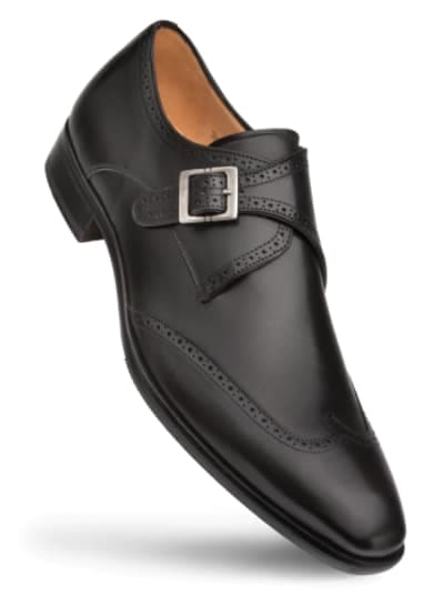 Black leather men's oxford shoes with rounded toe, perforated detailing, and a double strap with a buckle. Features a contrasting tan lining and a slightly raised heel.