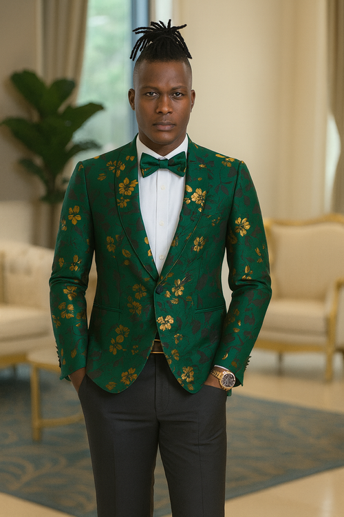 Men's slim-fit hunter green tuxedo jacket. Gold paisley & floral patterns. Single-breasted, notched lapels. Decorative buttons on sleeves. Two front pockets.