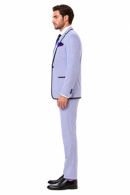 Men's One Button Vested Fashion Seersucker Suit with Double Breasted Vest in Blue
