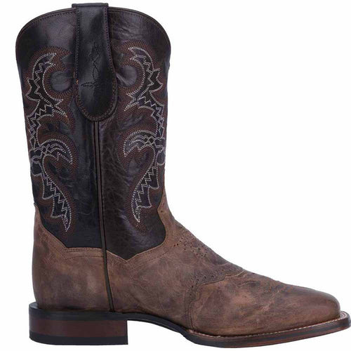 Dan Post Men's Franklin boot: Broad square toe, sand & chocolate leather. Dark brown upper with decorative stitching. Sturdy, stacked heel; light brown sole.