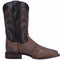 Dan Post Men's Franklin boot: Broad square toe, sand & chocolate leather. Dark brown upper with decorative stitching. Sturdy, stacked heel; light brown sole.
