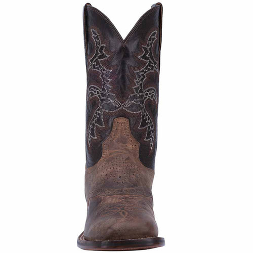 Dan Post Franklin 11" men's boot: dark brown leather shaft with detailed stitching, lighter brown perforated foot. Broad square toe design.