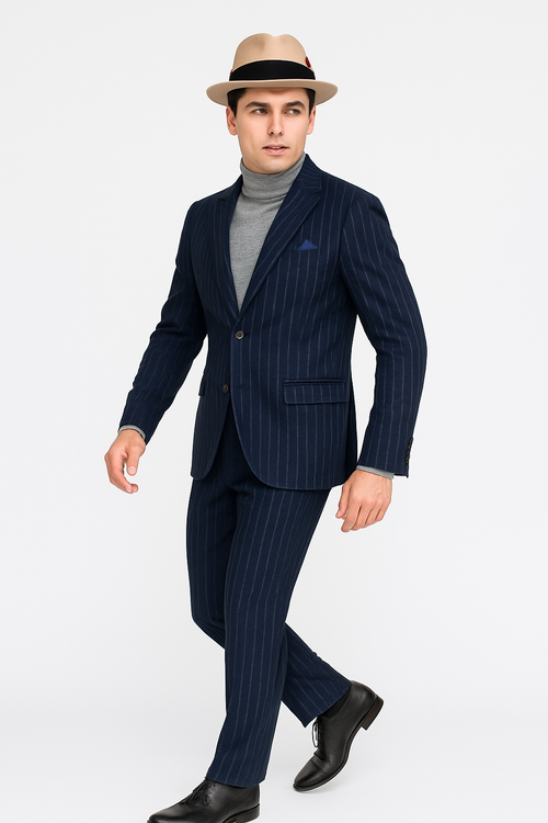 Suit And Turtleneck Combo - Turtleneck Prom Outfits - Prom Turtleneck Navy Suit
