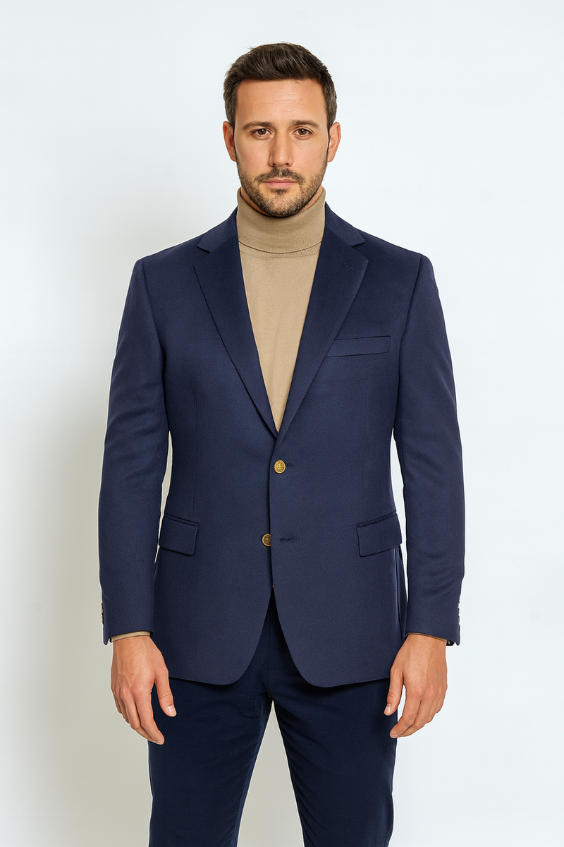 Men's navy cashmere jacket with notch lapel. Two buttons, front pockets, chest pocket. Tailored fit, smooth exterior.