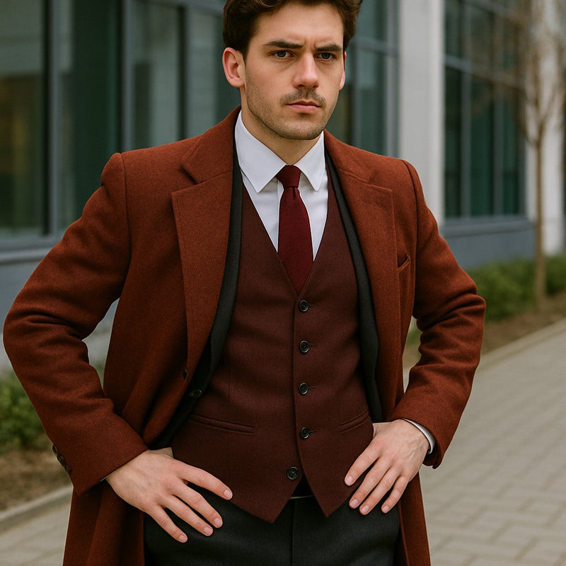 Men's Dress Coat Full Length Wool Dress Top Coat / Overcoat in Burgundy Overcoat